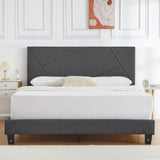 Garvee Queen Size Bed Frame with Upholstered Geometric Headboard, Heavy-Duty Platform Bed, No Box Spring Needed, Dark Grey - Gray