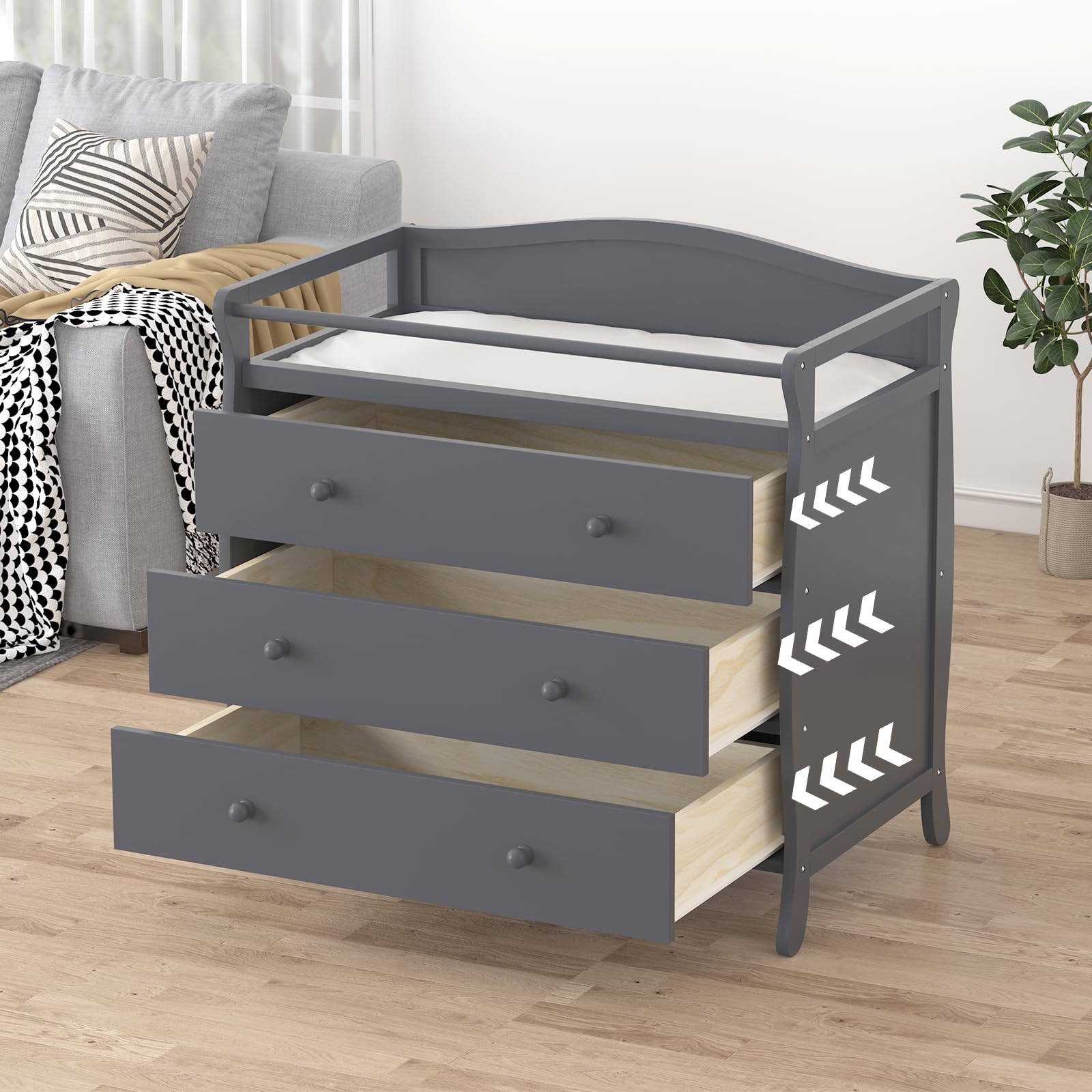 Garvee 3-Drawer Changing Table, Infant Diaper Changing Station with Drawers, Safety Rails & Strap,Nursery Dresser Chest with Changing Table Top,Baby