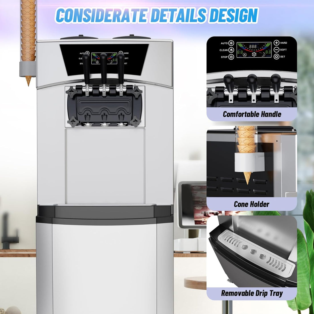 Garvee 2200W Commercial Soft Serve Ice Cream Machine - 8Gal/H High Output, 3-Flavor Mix & Auto-Clean for Cafes, Food Trucks, Snack Bars (LCD Display, 65dB Quiet)