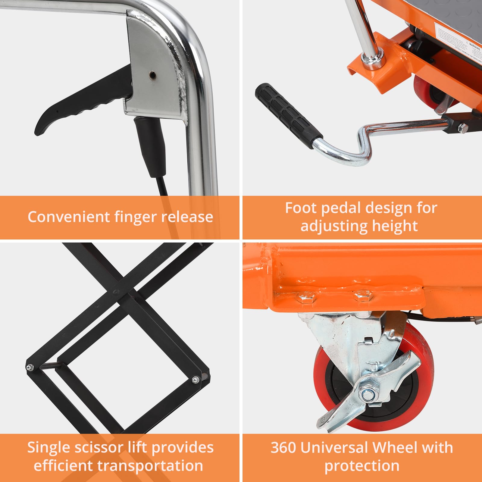 GARVEE lift table cart finger release foot pedal single scissor detail and caster brake features