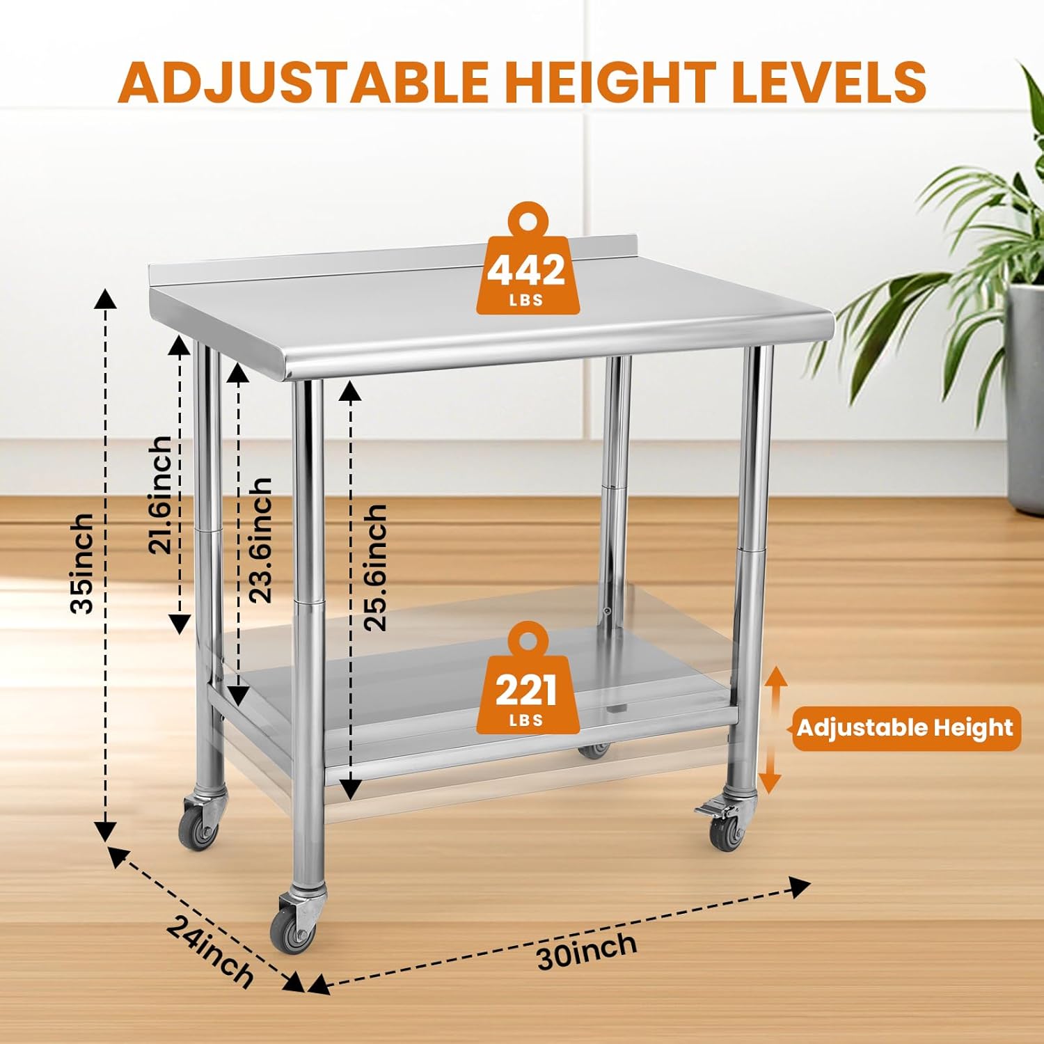 Garvee 36"L x 24"W x 35"H Nsf Stainless Steel Table Work Table with Adjustable Undershelf, Detachable Trash Bag Holder, Metal Work Table Workbench for Home Kitchen Restaurant Outdoor