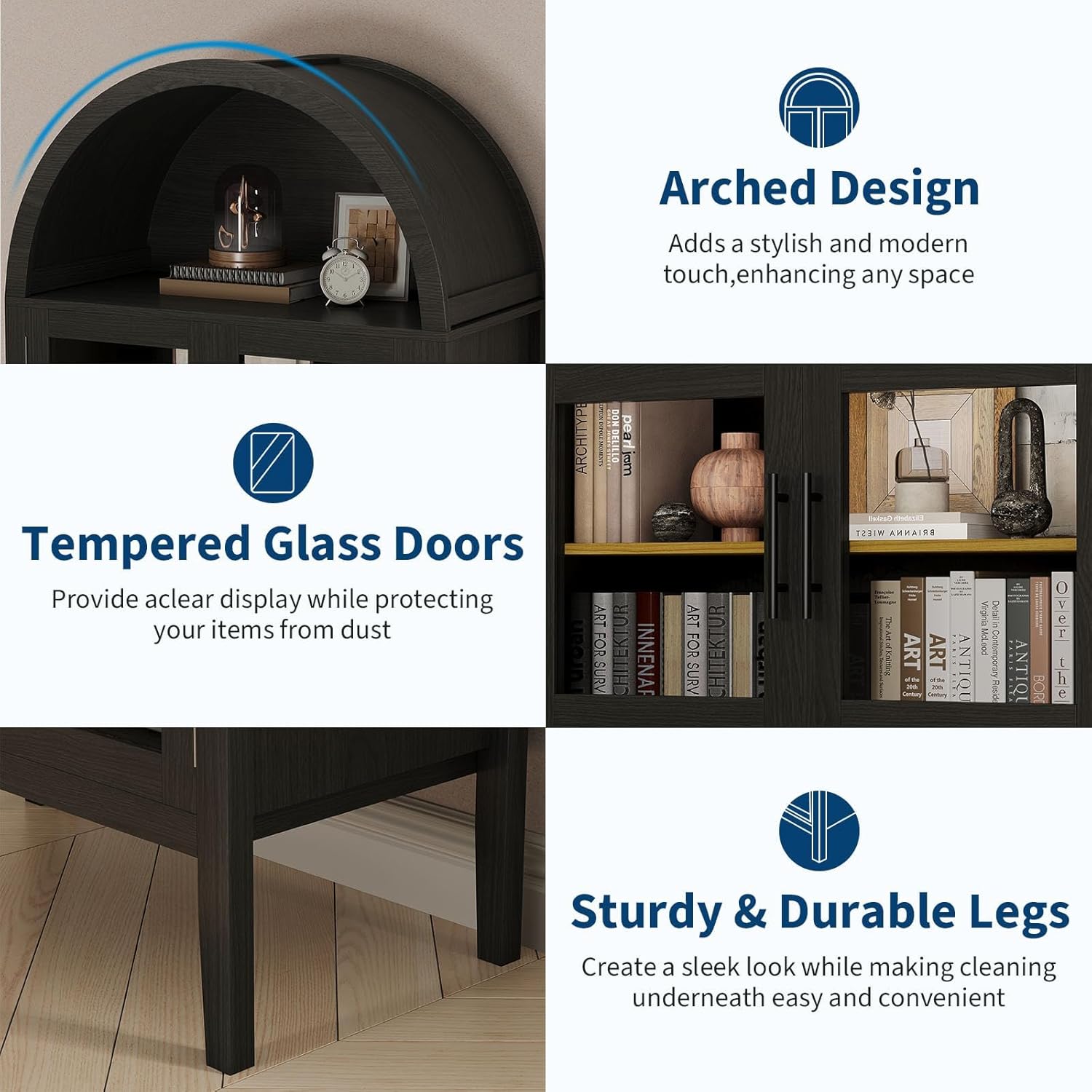 Garvee 71 in Arched Cabinet with Glass Doors, 5-Tier Modern Arched Bookcase with 3-Color LED Lights & Adjustable Shelves, Freestanding Accent Display Cabinet for Living Room, Kitchen, Black