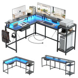 Garvee 68" L Shaped Gaming Desk with Power Outlets & LED Lights, Oak, Reversible, Two Person, MDF & Steel, Home Office - Oak Ash