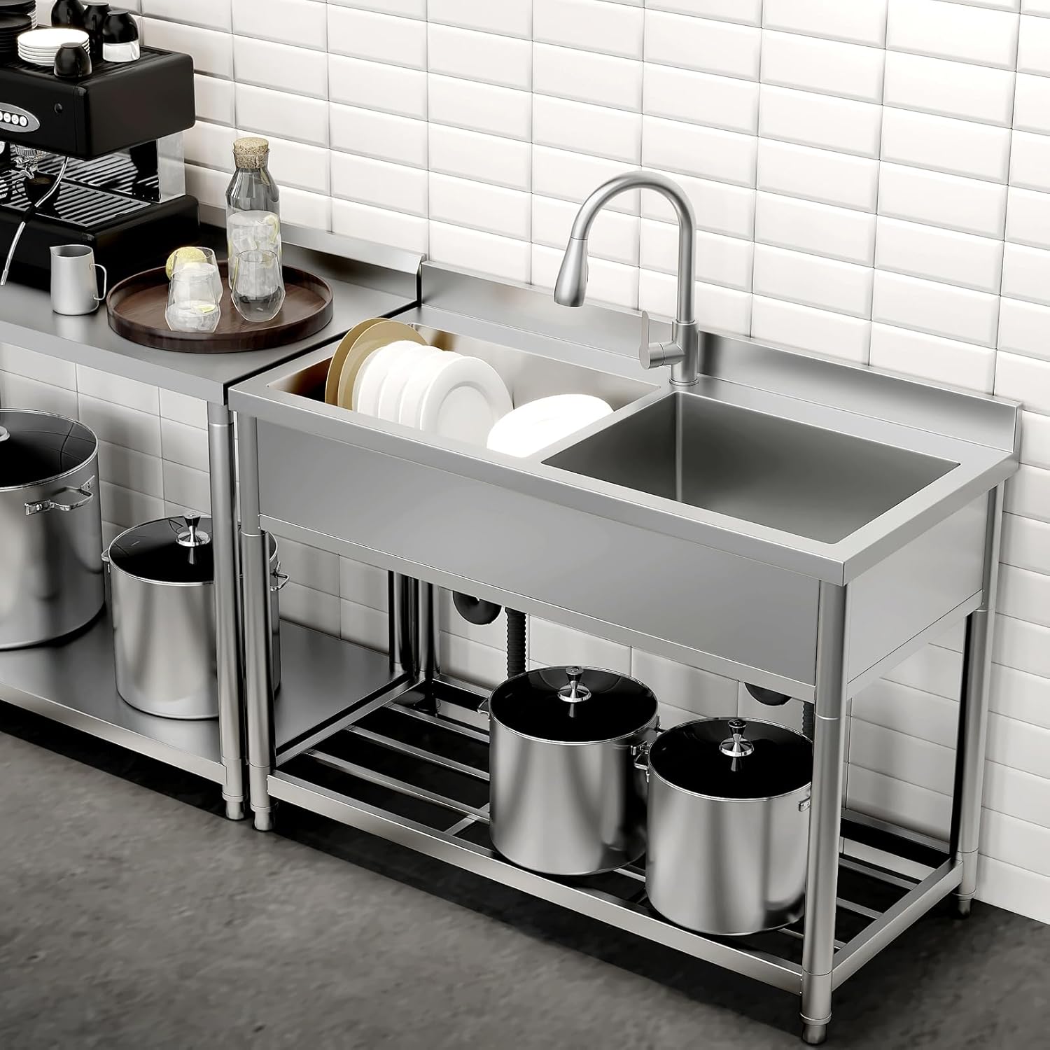 Garvee 22"D x 47"W x 37"H 2-Compartment Commercial Sink, Stainless Steel Utility Sink with Pull-out Faucet, Free Standing Double Bowl Kitchen Sink for Restaurant, Garage, Shop, Cafe, Outoor