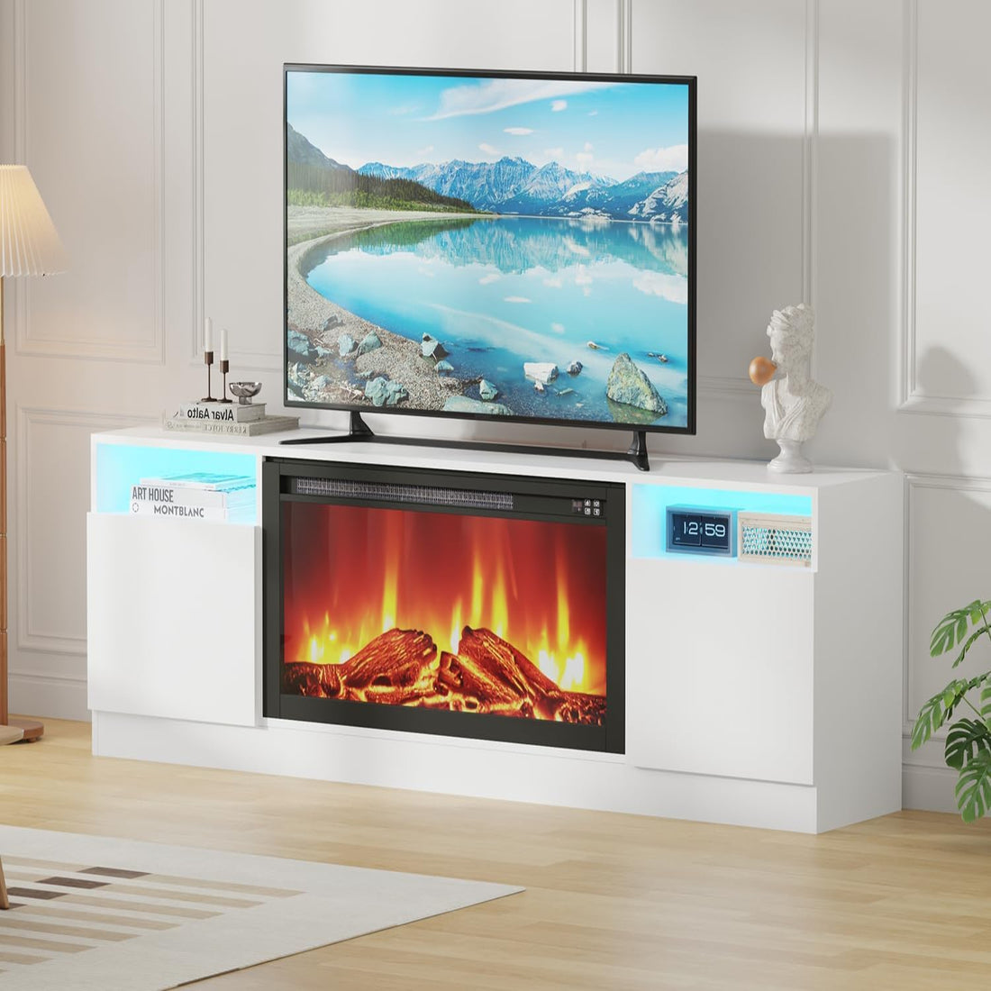 Garvee Modern TV Stand for TV Up to 75" TV, 70 ''White Television Console Table Cabinets With Storage,Wooden Entertainment Center for Living Room, Fits Into 36'' Electric Fireplace(Not Included Fireplace)