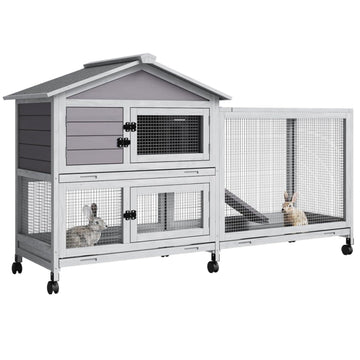 Garvee 63“ Rabbit Cage with Weatherproof Roof, Bunny Cage with 6 Lockable Caster Wheels & Pull-Out Tray, Rabbit Hutch for Indoor Outdoor Use, Grey