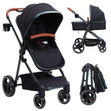 Garvee Convertible Baby Stroller with Bassinet Mode Luxury Aluminum Structure 5-Point Harness Black - black