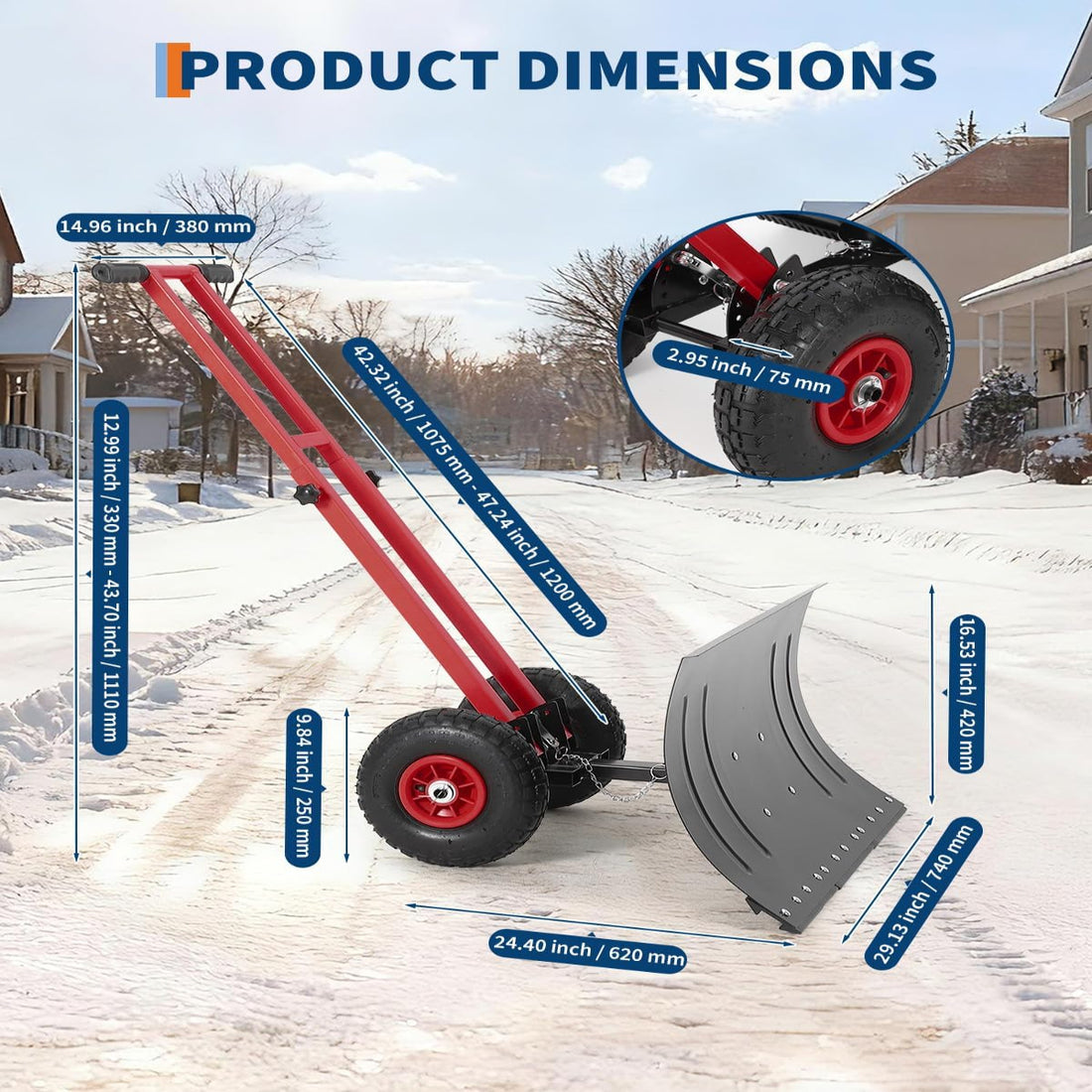 Garvee 29"W X 16.5"H Wheeled Snow Shovel Double-Rod Metal 5-Angle Adjustable T-Handle Rubber Wheels for Driveways Sidewalks Doorways