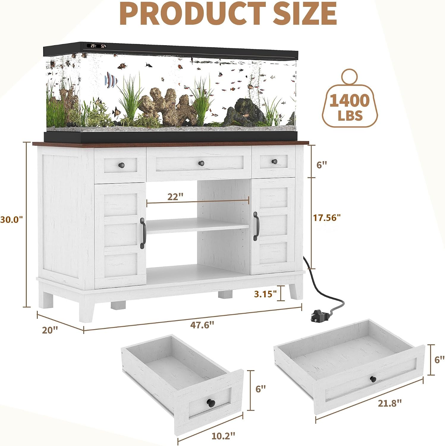 Garvee Farmhouse Aquarium Stand for 55-75 Gallon Tanks – Heavy Duty 1400LBS Cabinet with Double Doors, Drawers, Adjustable Storage, Built-in Power Outlet, Brownish White