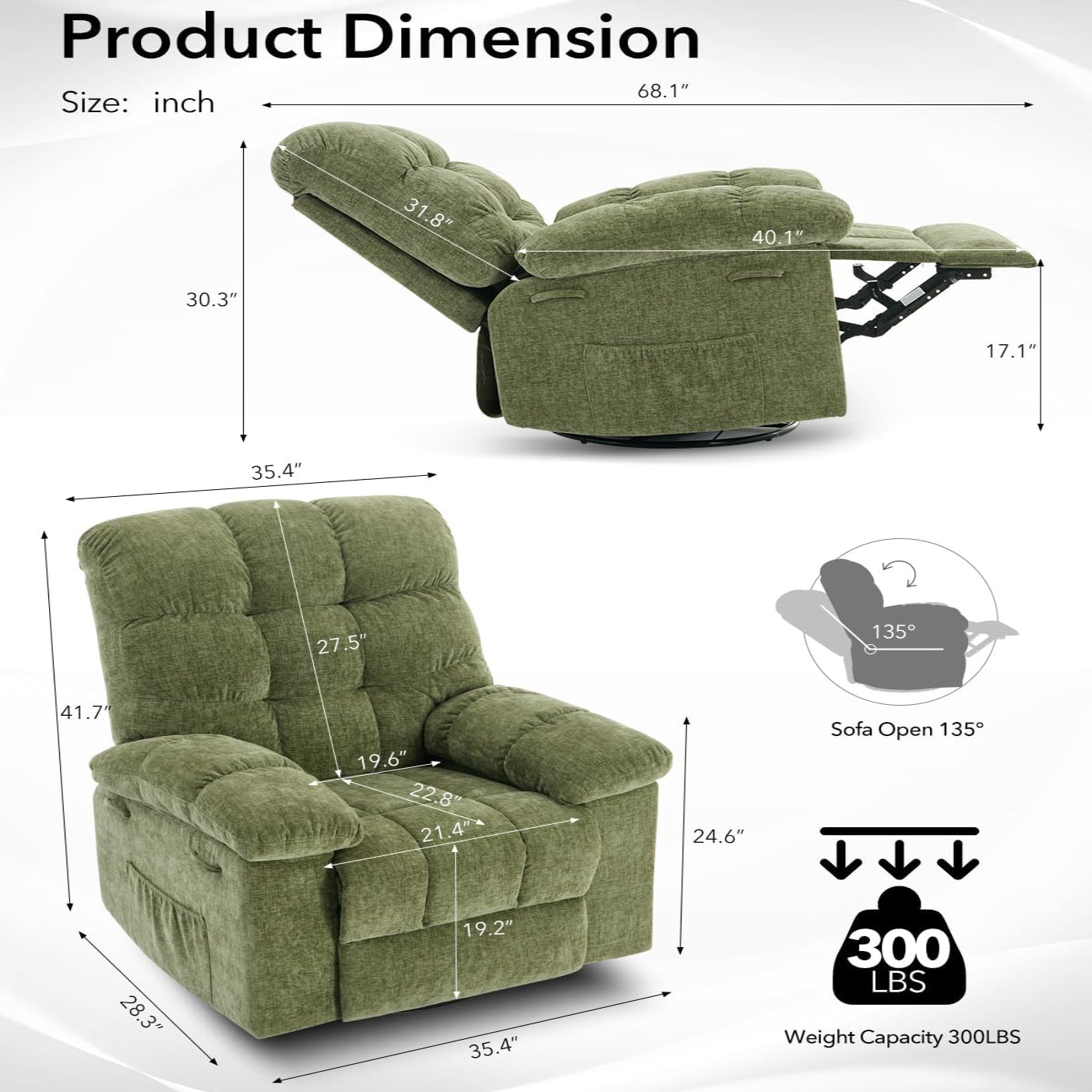Garvee Rocking Recliner Chair, 360° Swivel Rocker Chair for Living Room, Upholstered Fabric Nursery Chair with Side Pockets for Small Spaces, q235 Steel Frame Lazy Boy Recliner Single Sofa, Green