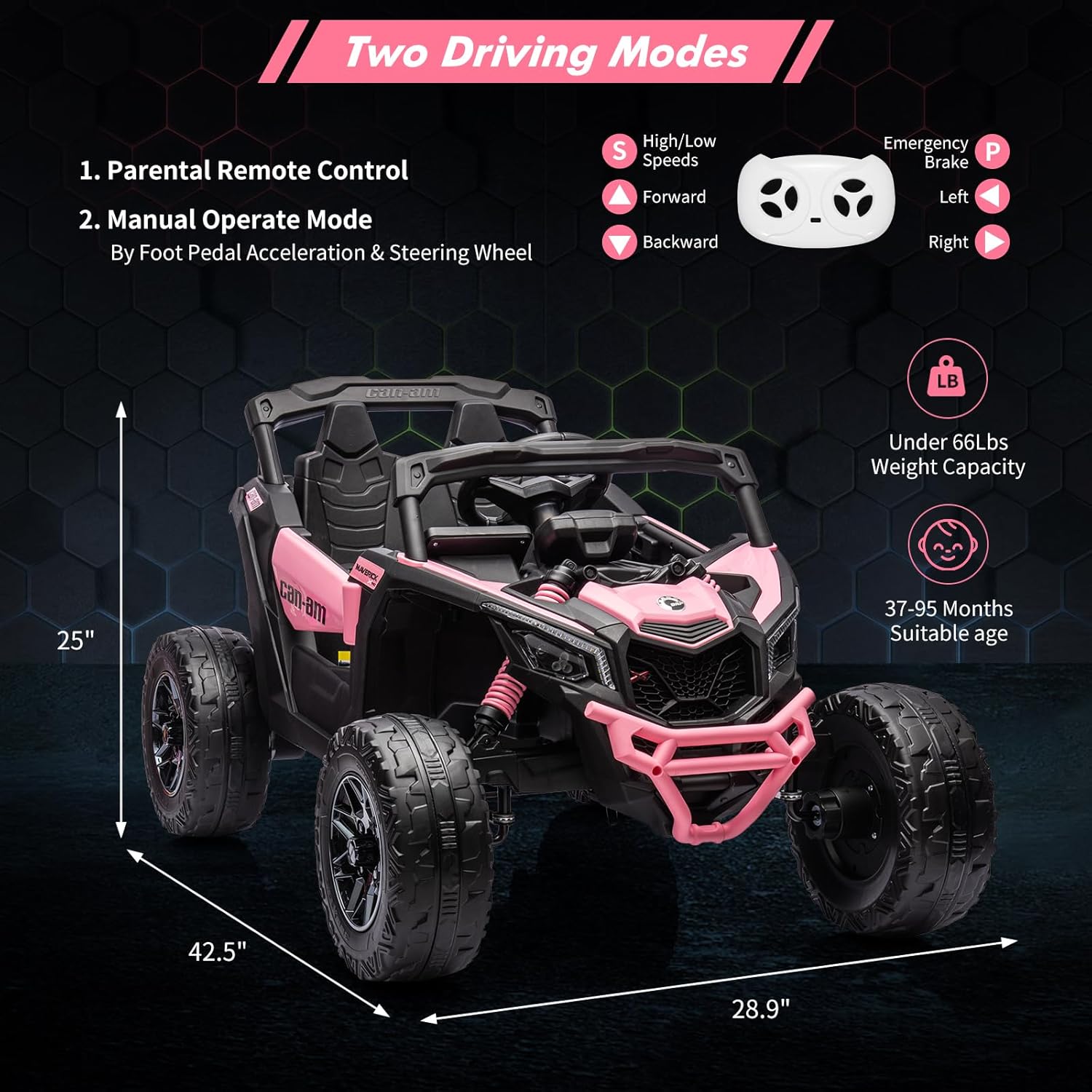 Garvee Ride - P Series: 12V Can-Am Ride-On UTV: Remote Control, Large Seat, Music, LED Lights, Spring Suspension, for Boys & Girls - Pink