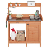Garvee Potting Bench Table, Large Garden Outdoor Work Bench with Cabinet, Metal Tabletop, Sliding Drawer, Open Shelf for Outside(Natural Wood)