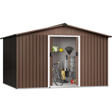 Garvee 10'x8' Outdoor Steel Storage Shed - Lockable Doors, Utility Tool Storage House for Backyard, Garden, Patio, Lawn, Brown