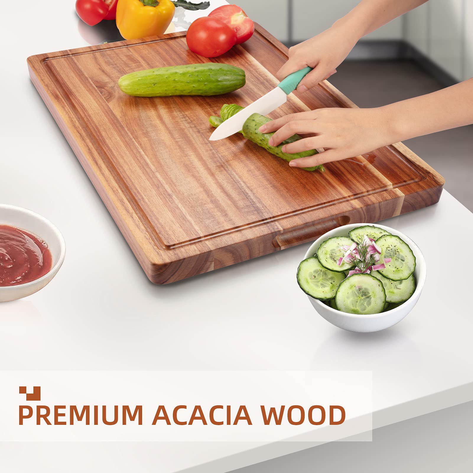 Large Acacia Wood Cutting Boards for Kitchen, 24 x 18 Inch Extra Large Wooden Cutting Board with Juice Groove, Reversible Butcher Block Cutting Board for Meat and Veggies