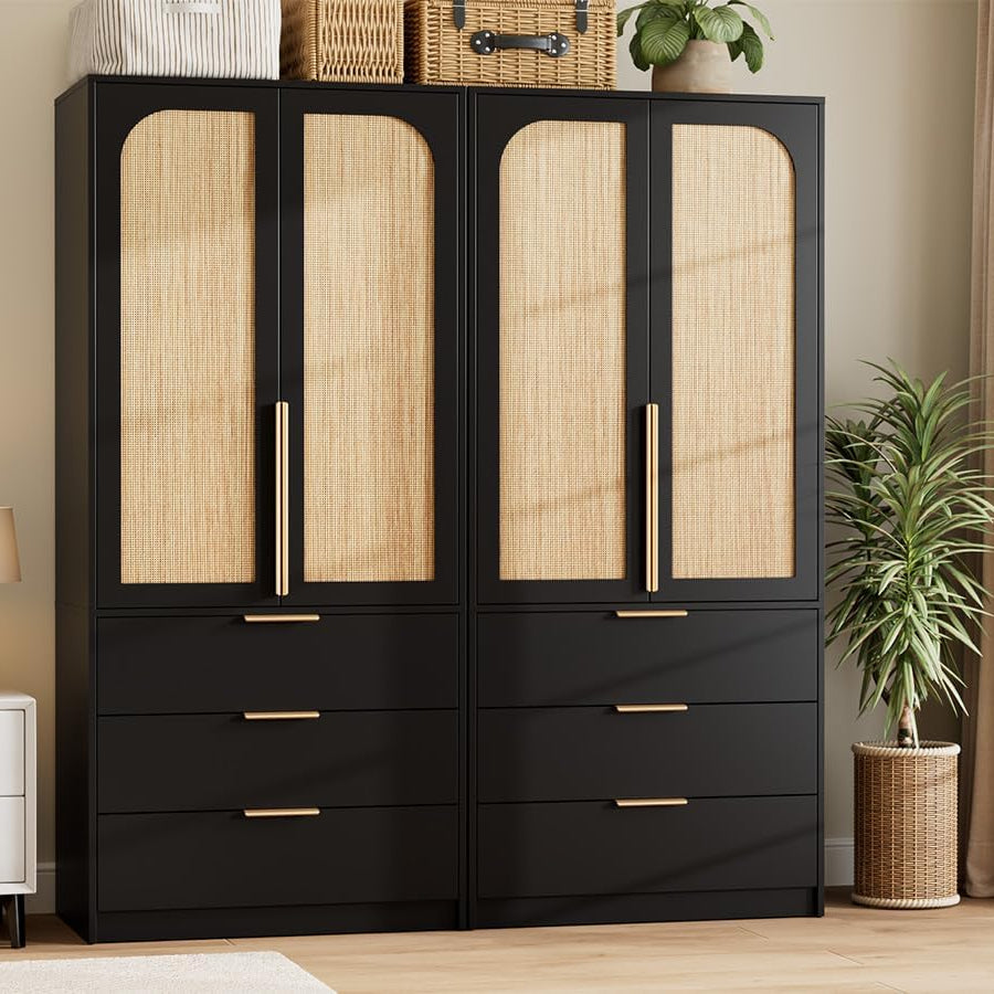 Garvee Armoire Wardrobe Closet with 3 Drawers and 2 Doors, Modern Wooden Wardrobe Cabinets for Hanging Clothes, Large Capacity Tall Standing Bedroom Armoires, Heavy Duty (Rattan, Black)