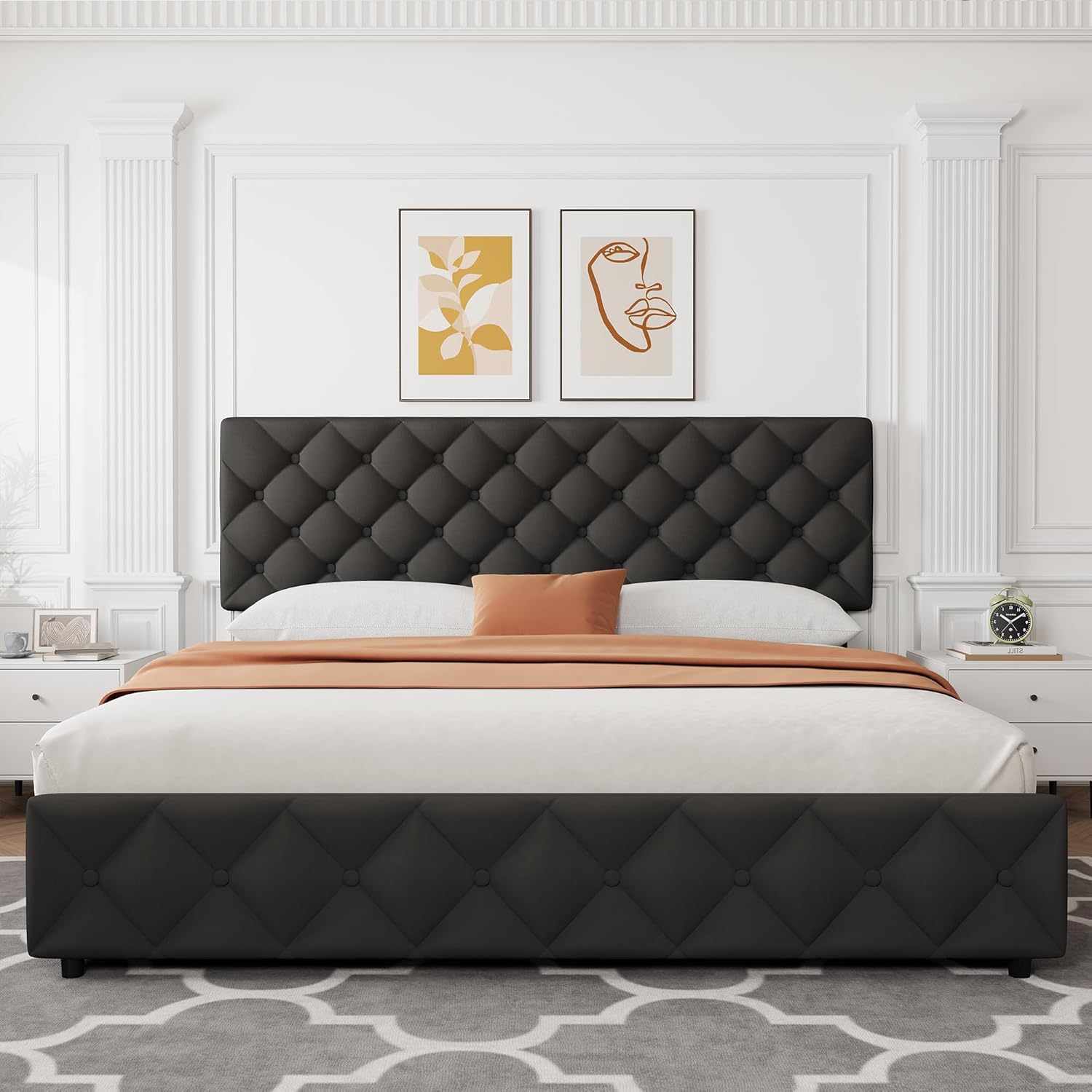 Garvee King Size Bed Frame with 4 Storage Drawers, Linen Upholstered Platform Bed Frame with Adjustable Headboard, Diamond Stitched Button Tufted, No Box Spring Needed, Black