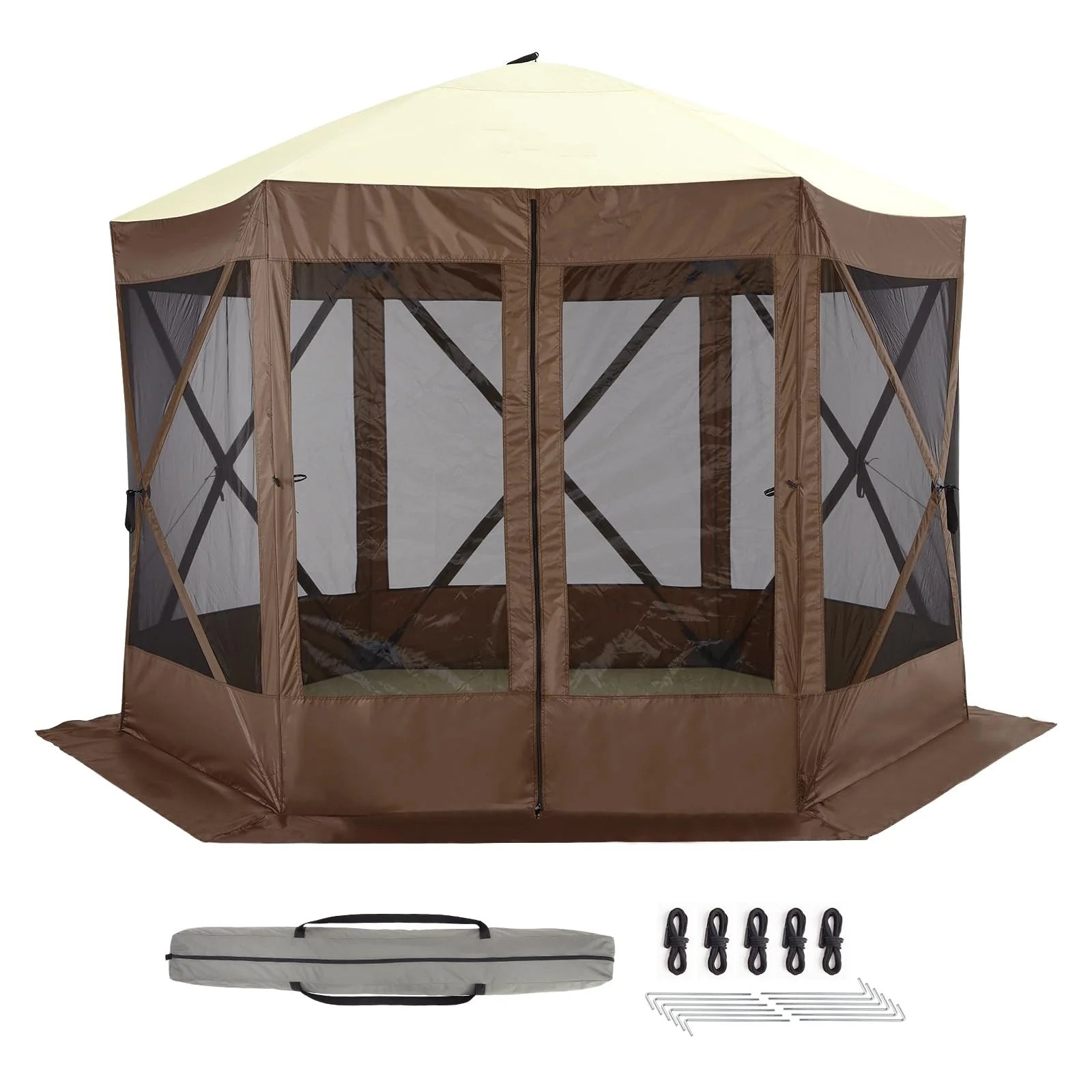 Garvee 12x12ft Camping Gazebo, Portable Pop Up Canopy Outdoor Screen Tent 6 Sided with Mesh Windows and Carry Bag for Camping, Picnic, Backyard Party Outside Activities, Brown