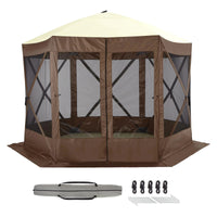 Garvee 12x12ft Camping Gazebo, Portable Pop Up Canopy Outdoor Screen Tent 6 Sided with Mesh Windows and Carry Bag for Camping, Picnic, Backyard Party Outside Activities, Brown