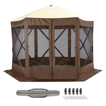 Garvee 12x12ft Camping Gazebo, Portable Pop Up Canopy Outdoor Screen Tent 6 Sided with Mesh Windows and Carry Bag for Camping, Picnic, Backyard Party Outside Activities, Brown