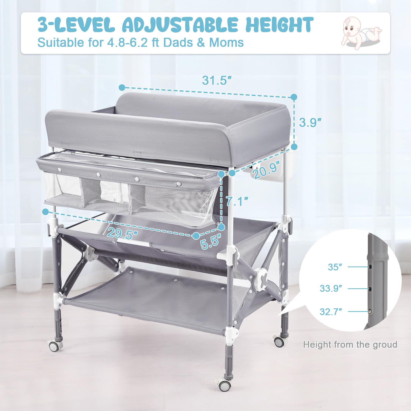 Portable Baby Changing Table, Foldable Diaper Change Table with Wheels, Adjustable Height, Cleaning Bucket, Changing Station for Infant Mobile Nursery Organizer for Newborn