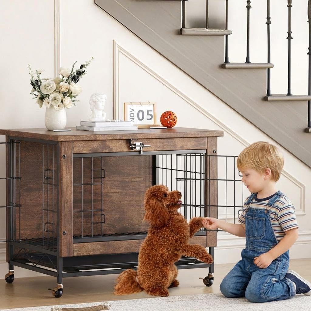 Garvee Small Dog Crate Furniture with 2 Doors and Wheels, Top-Opening Heavy Duty Wooden Indoor Kennel Dog House Cage with Anti-Chew, Removable Tray, Side End Table for Small Medium Dogs, Brown