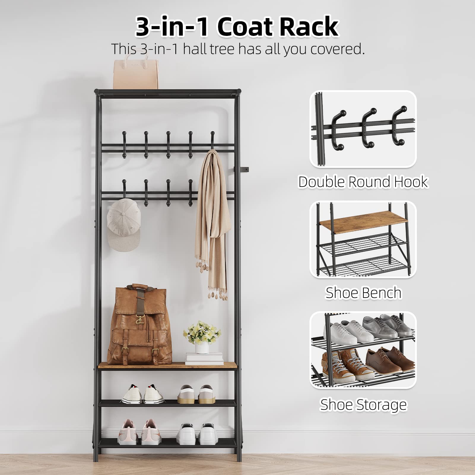 GARVEE Coat Rack Shoe Bench Versatile Entryway Organizer