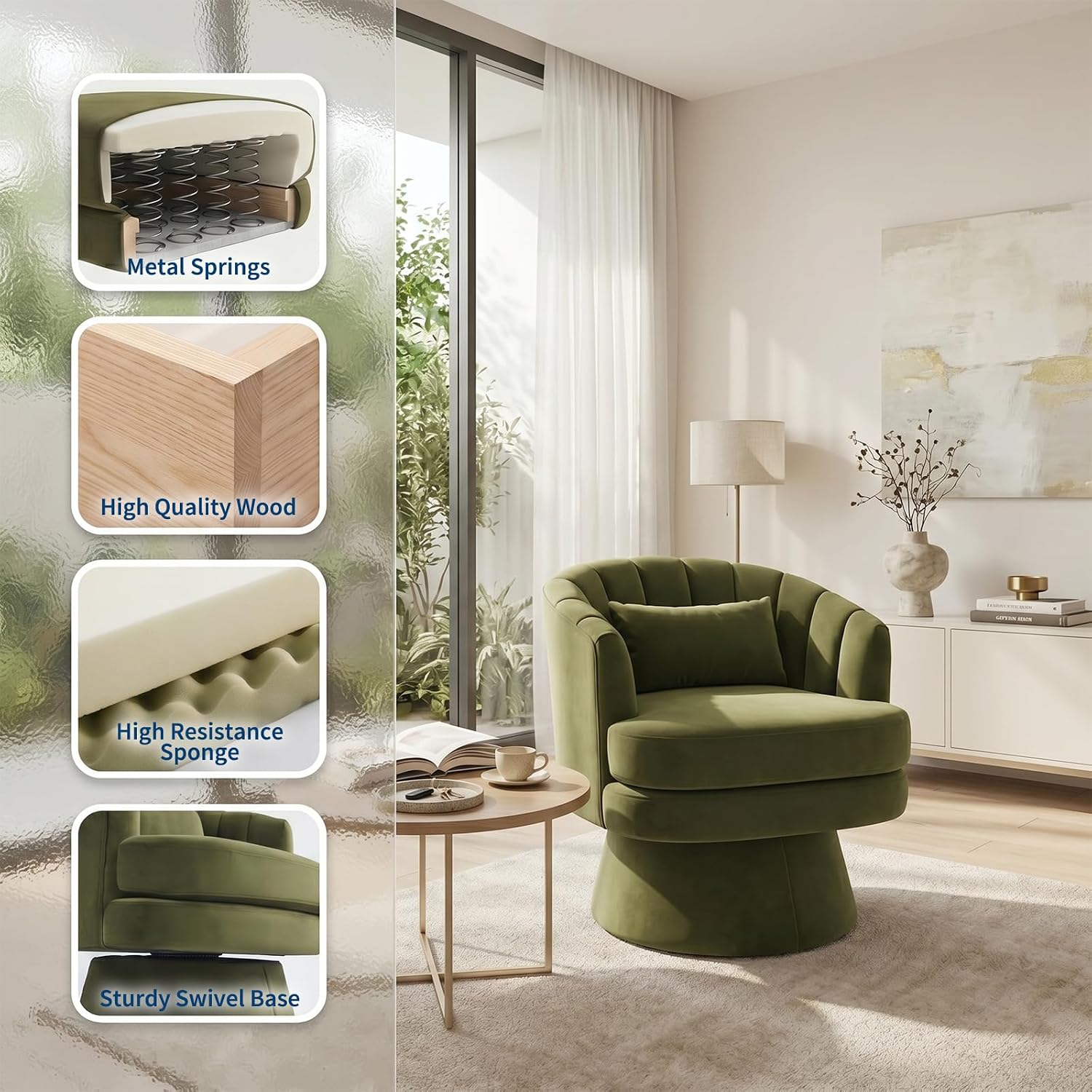 Garvee 360° Swivel Barrel Accent Chair with Lumbar Pillow, Soft Upholstered Single Armchair, Round Base for Living Room/Bedroom/Vanity - With lumbar pillow | velvet | green
