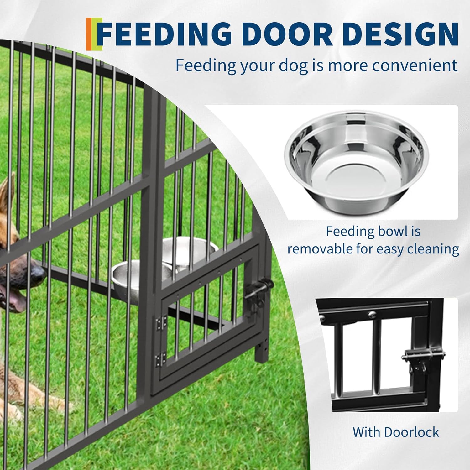 Garvee Outdoor Heavy Duty Large Dog Kennel, Walk-in Dog Cage with Metal Gate & Secure Lock, Large Dog Enclosure with Waterproof Roof, Includes Feeding Doors & Bowls for Backyard, 10x15x6 ft