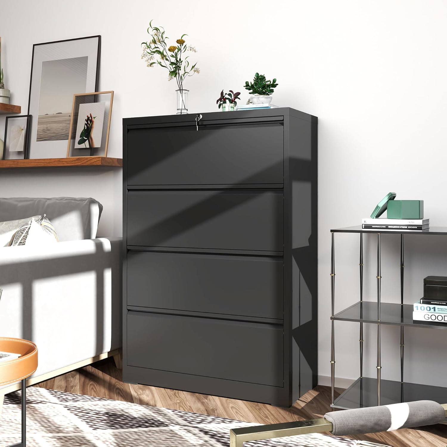 Garvee 4 Drawers Lateral File Cabinet, Metal Filing Cabinet with Lock for Home Office, Wide Steel Storage Cabinet Commercial Drawer Cabinets for Legal/Letter/A4 Size Files, Assembly Required