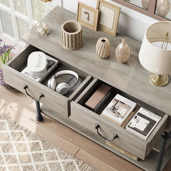 Garvee Console Table with Drawers, Narrow Entryway Table, MDF Wood & Metal, 3-Tier Storage, Adjustable Footpads, Rustic Gray, Living Room, Foyer
