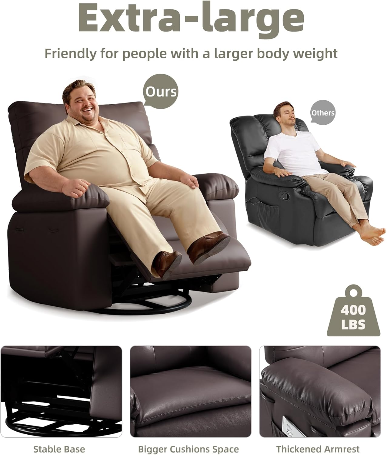 Garvee Oversized Wide Recliner Chair - Heat and Massage, PU Leather Large Manual Recliner for Adults, Ultimate Comfort Lazy Boy with 1.5X Sponge Filling and Easy Recline Mechanism for Relaxation