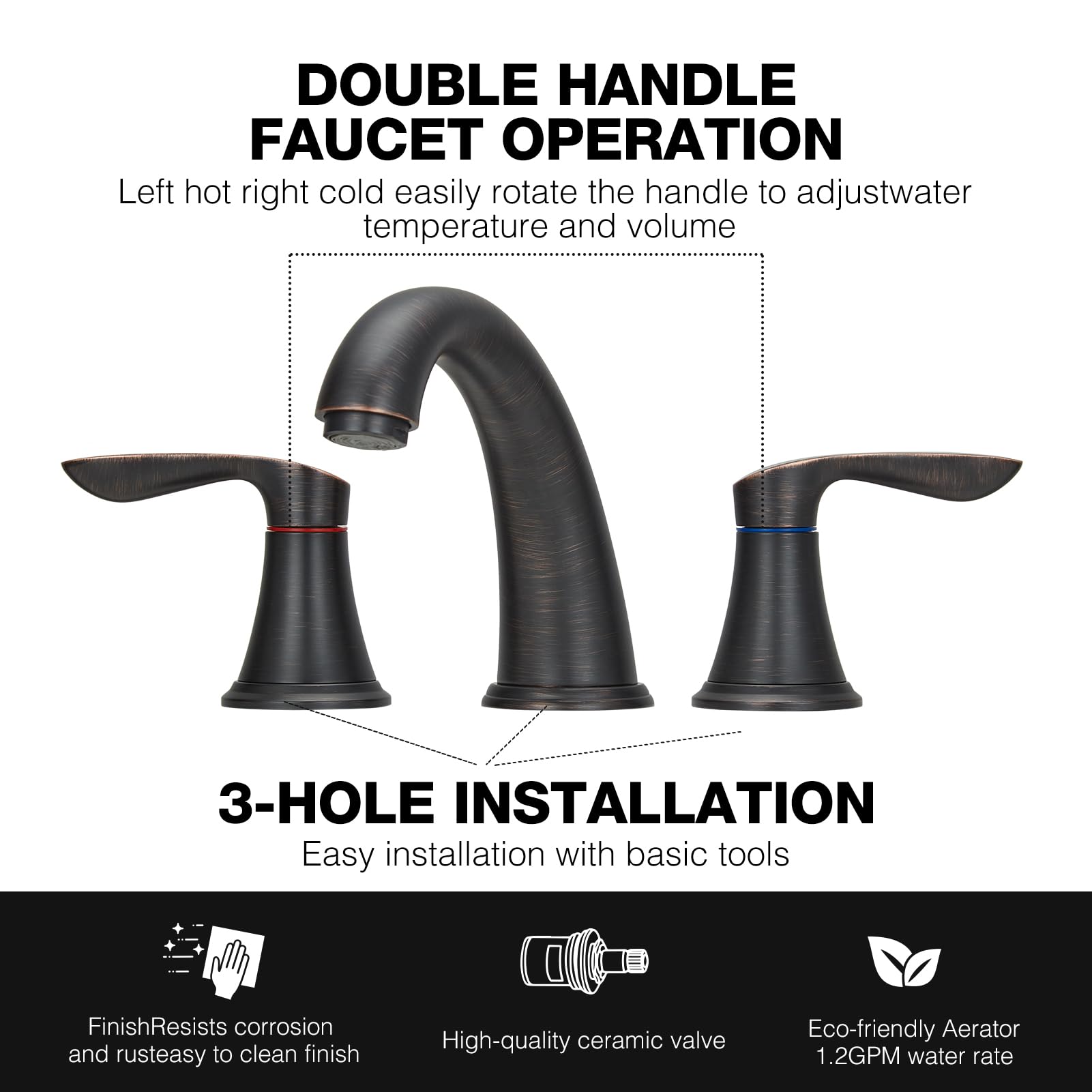 Bathroom Faucet, 8 Inch Bathroom Faucets for Sink 3 Hole, Widespread Oil Rubbed Bronze Bathroom Faucet with Pop up Drain and cUPC Lead-Free Hose