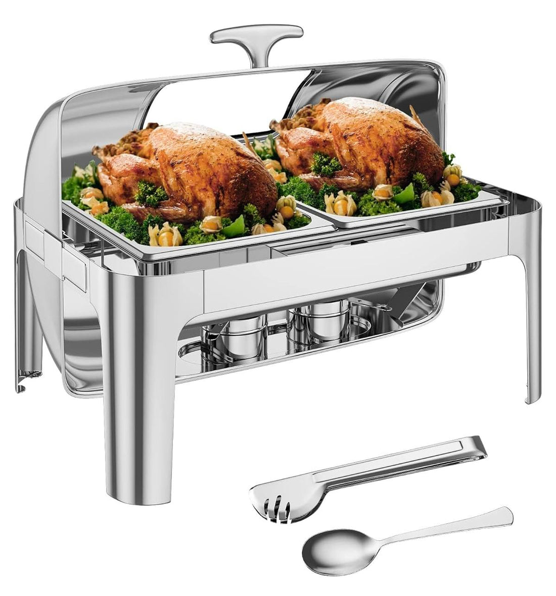 Garvee 9QT(2x1/2Pan)Rectangle Roll Top Chafing Dish Buffet Set, Stainless Steel Chafing Dish Set Equipped with Full Size Pan Chafer for Wedding,Parties,Banquet,Catering Event,1 Pack