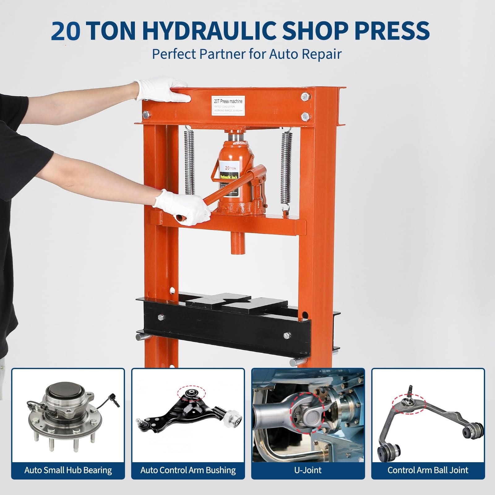 Garvee 20 Ton Hydraulic Shop Press H-Frame Adjustable Height Movable Plates Dust Cover Garage Professional Orange