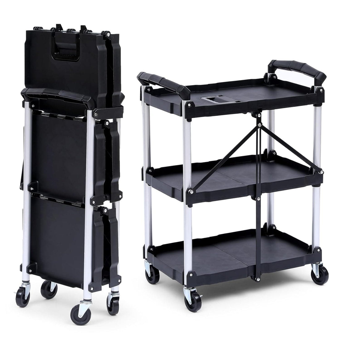 Folding Utility Cart with Wheels - Foldable 3-Tier Rolling Cart with Lockable Wheels, Portable Tool Cart for Office, Warehouse, Home, Garage, Kitchen