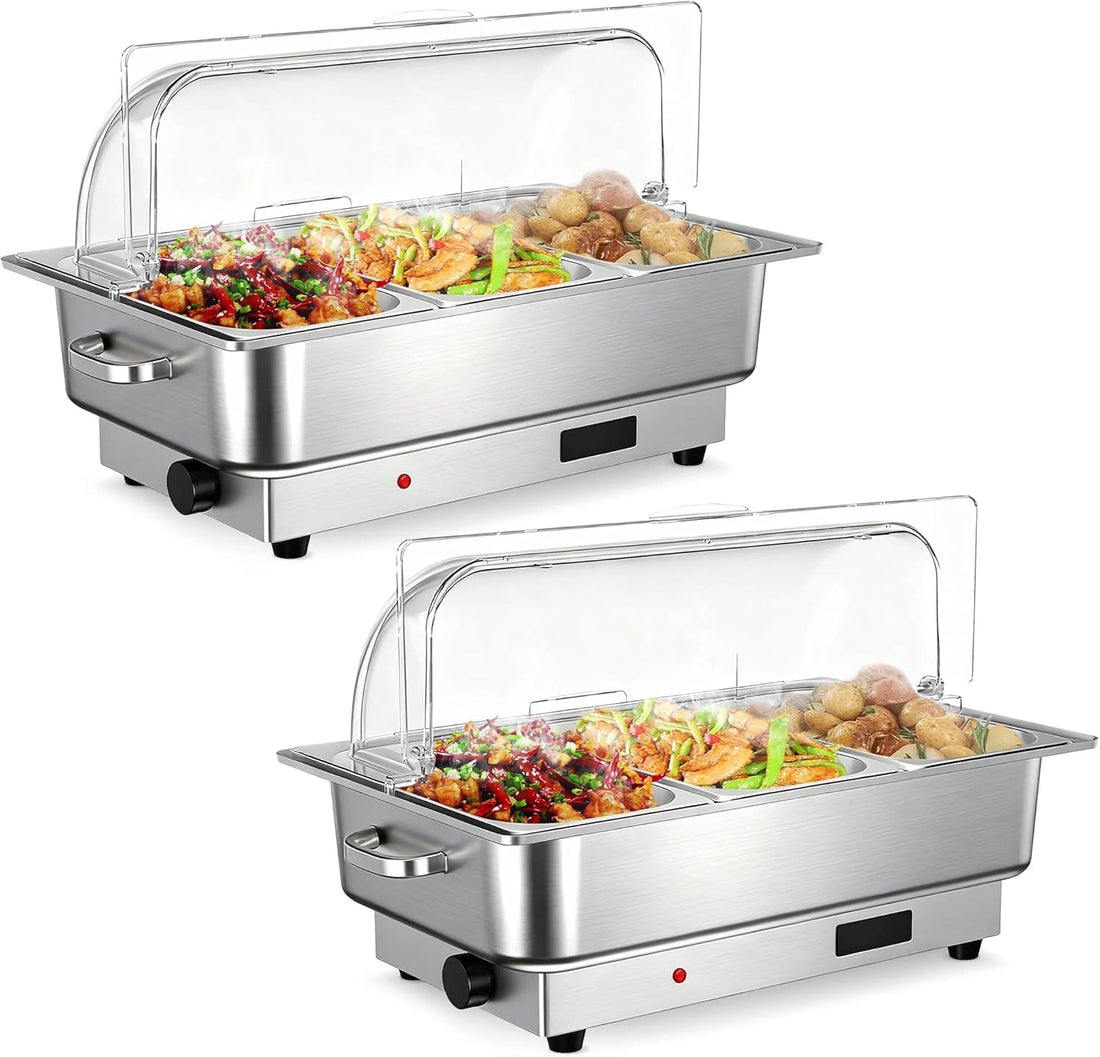 Garvee Electric Chafing Dish Buffet Set, 3 × 3 QT Roll Top Food Warmer with Transparent PC Lid, 400W Temperature Control 86-200°F, Stainless Steel Chafer for Catering Parties(2 Packs)