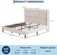 Garvee Velvet Upholstered Platform Bed Frame with 52" Tall Wingback Vertical Channel-Tufted Headboard, Wood Slat Support, Underbed Storage, No Box Spring Needed, Easy Assembly - King, Light Beige style style
