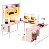 Garvee U Shaped Desk with Monitor Stand and LED Lights, U Shaped Gaming Desk with Storage Shelves, Large Computer Desk with Power Outlets, Large Corner Office Desk with 4 Drawers,Pink - Pink