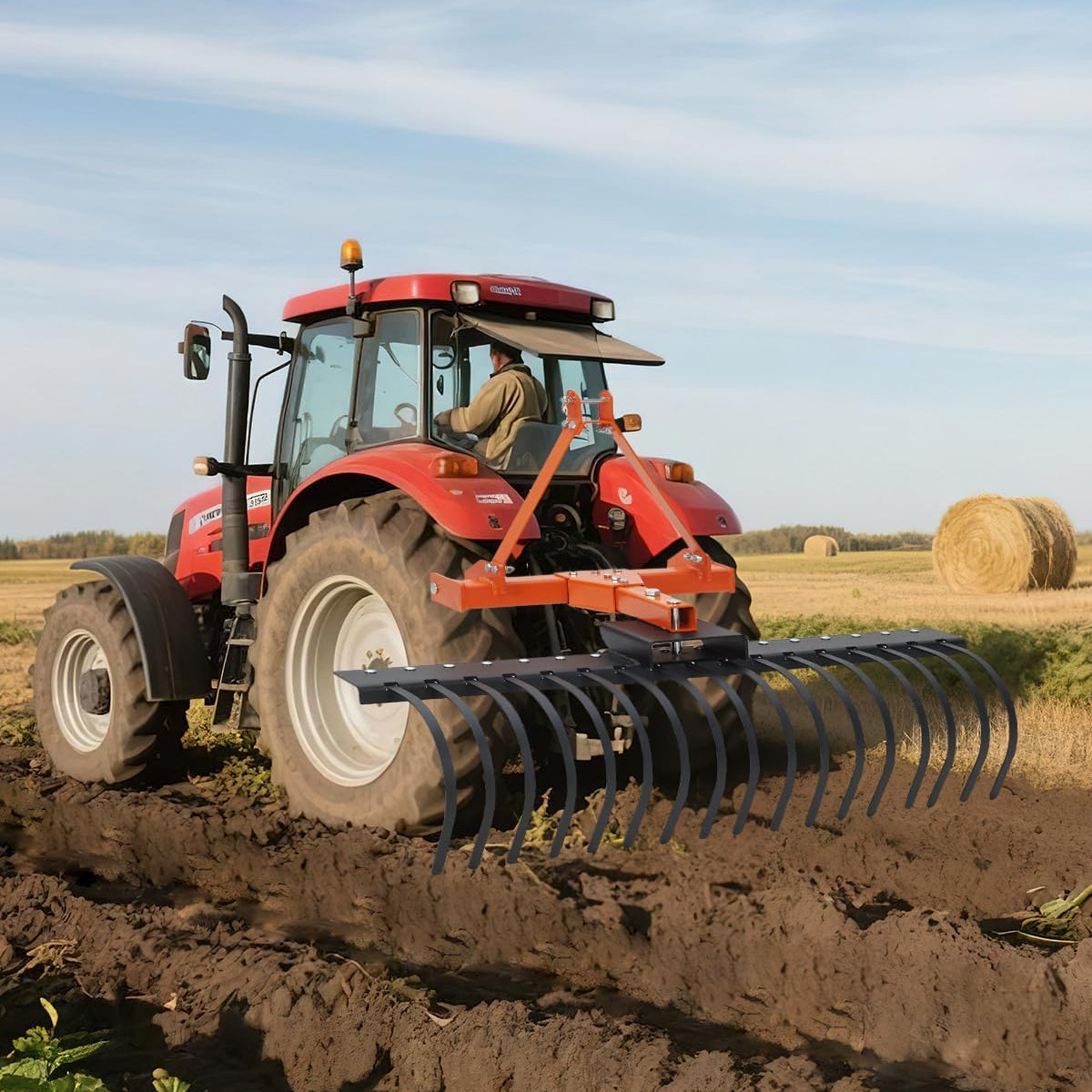 Garvee 50" Landscape Rake with 360° Rotation & Replaceable Spring Steel Tines, Carbon Steel Frame, Quick Mount, CAT-0 CAT-1 Hitch, for Brush Clearing & Soil Prep