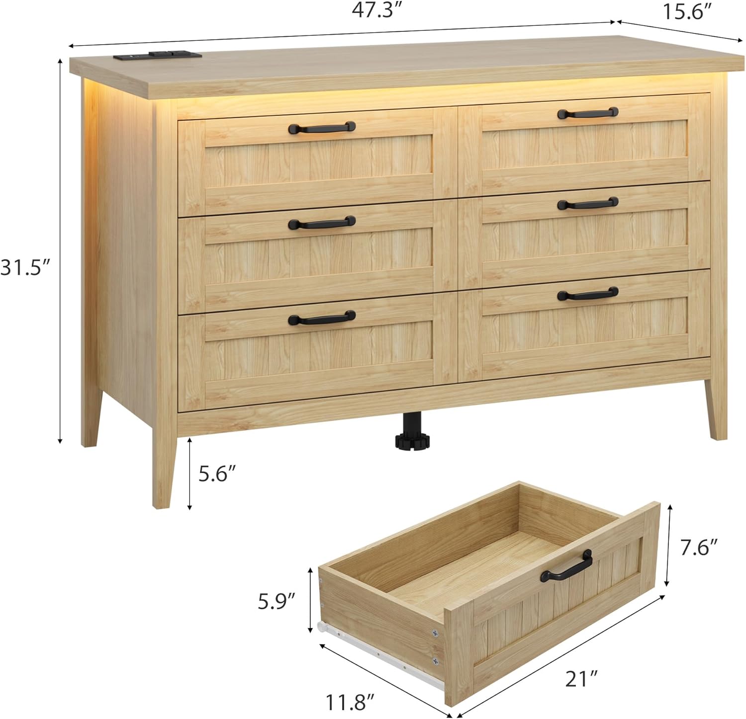 Garvee 6 Drawer Dresser with Power Outlet, Natural Dresser with LED Light, Modern Chest of Drawers for Closet, Double Wide Drawer Organizer Cabinet for Bedroom, Living Room