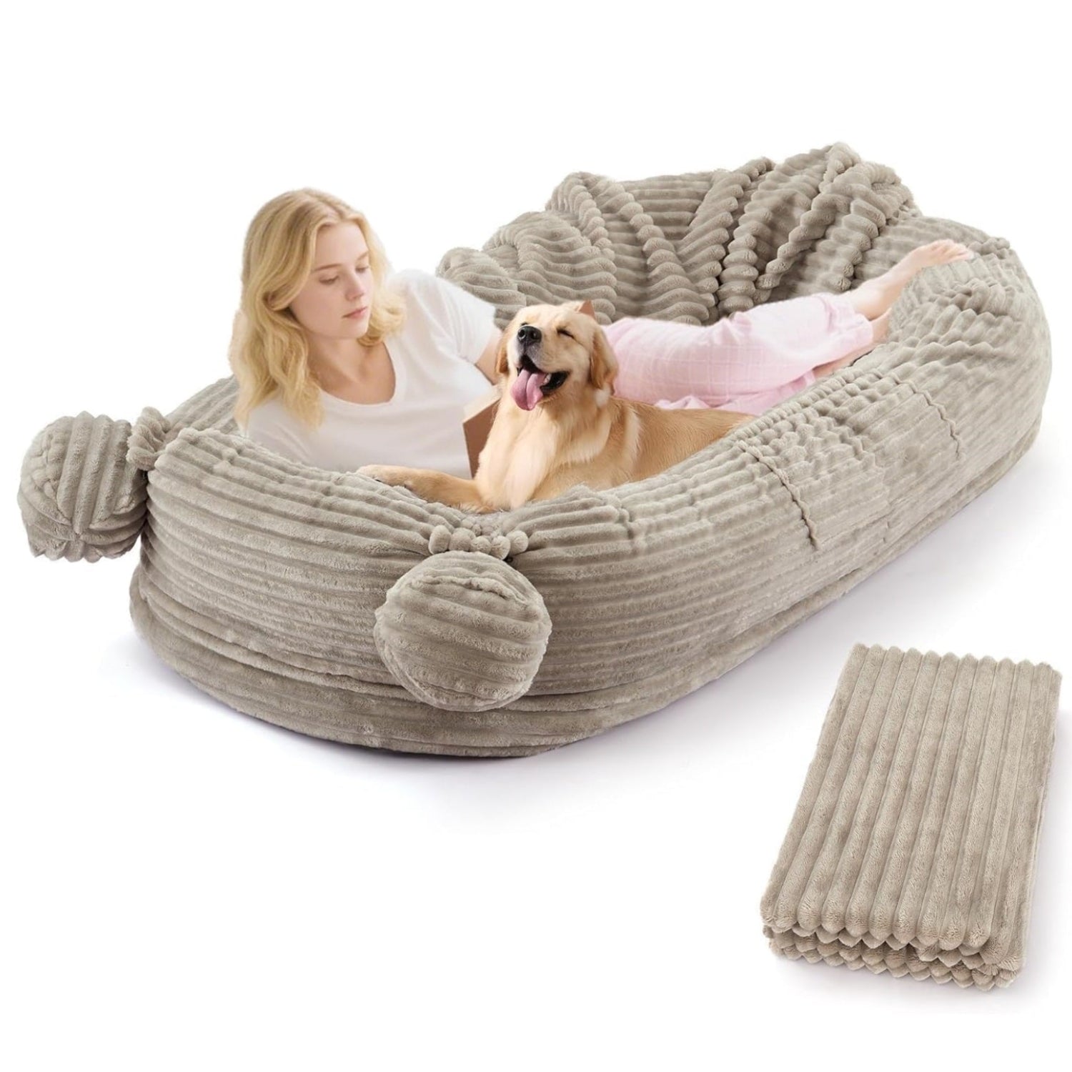 Garvee Oversized Human Size Dog Bed for Adults - 72x44 Inch Pet Sofa with Blanket - Removable & Washable Corduroy Cover - High Density Foam - 2 Storage Pockets & Carry Handles - Orthopedic Floor Lounger for Large Dogs & People - Corduroy