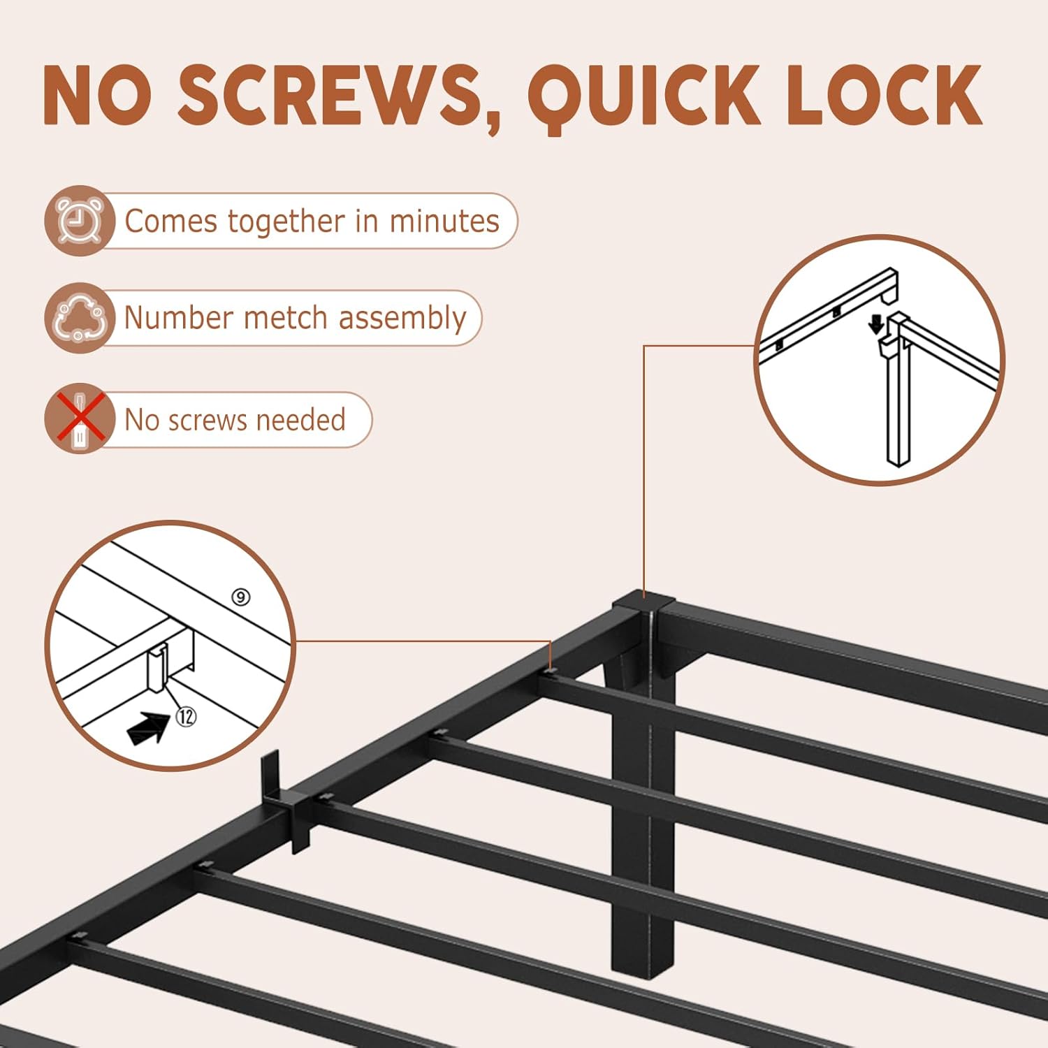 Garvee Heavy Duty King Bed Frame 14 Inch Hight, Metal Platform Bed Frame with Reinforced Slats Support, 800 Lbs Load Capacity, Noise Free, No Box Spring Needed and Screws, Tool-Free Assembly