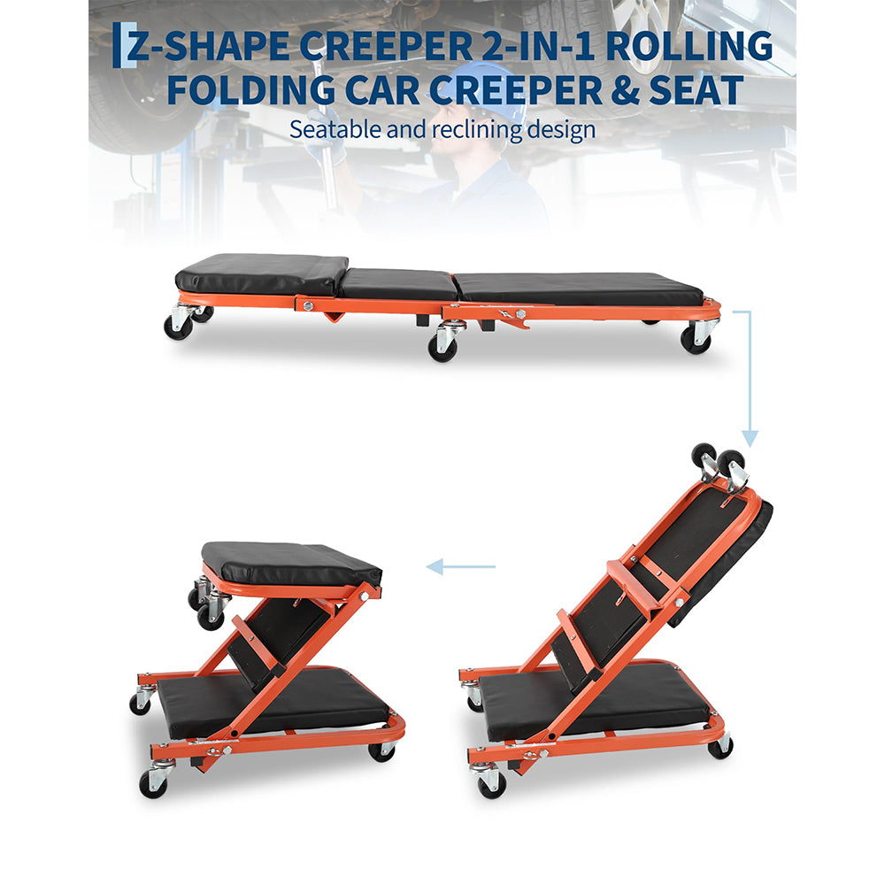 Garvee 36" Z-Creeper Seat on Wheels, Foldable Garage Creeper Shop Seat, 330 LBS Capacity, Black