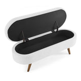 Garvee Oval Storage Bench 43.5" Linen Upholstered Ottoman with Wood Legs for Entryway Living Room Bedroom White