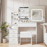 Garvee Vanity Desk with LED Mirror, 3 Mode Lighting, Charging Station, 4 Drawers, Shelves, Cushioned Stool, White, Bedroom - White