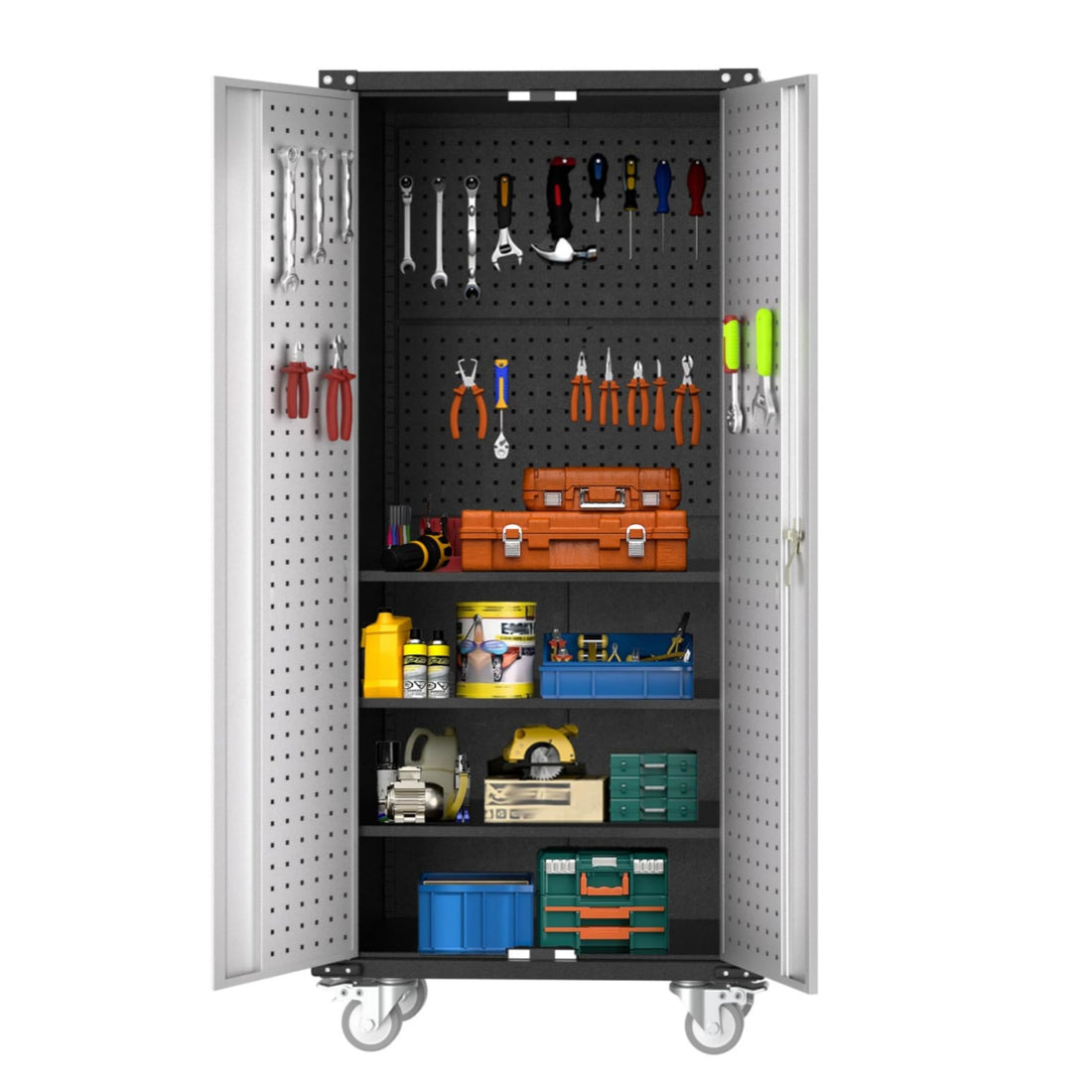 Garvee Metal Storage Cabinet 72"H with Wheels, Steel Tool Cabinet with Pegboard, Adjustable Shelves, Lockable Rolling for Home, Garage, Office, Gray