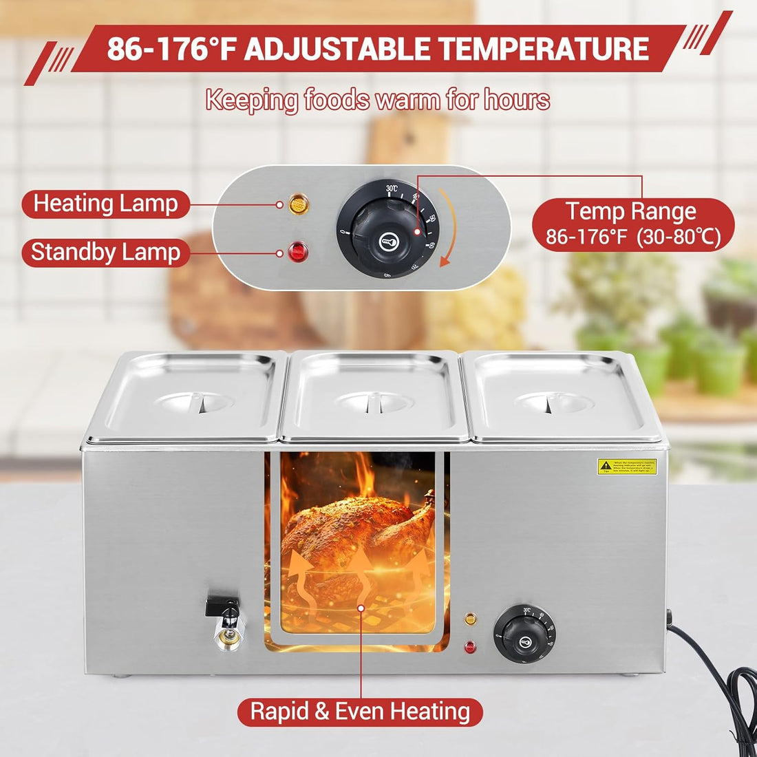 Garvee 21QT Electric Food Warmer with Triple Compartments & Adjustable Temp Control, Stainless Steel, Drainage Faucet, Removable Pans, Ideal for Catering Buffets