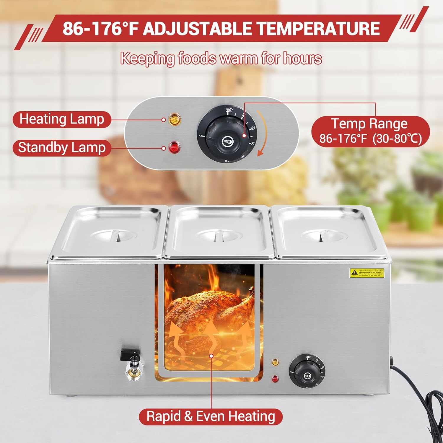 Garvee 21QT Electric Food Warmer with Triple Compartments & Adjustable Temp Control, Stainless Steel, Drainage Faucet, Removable Pans, Ideal for Catering Buffets