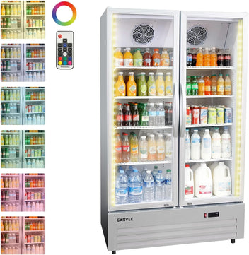 GARVEE 32.5 Cu.ft Double Door Commercial Beverage Cooler - 580-Can Glass Display Fridge | Frost-Free Air-Cooled, Automatic Door Rebound | for Bar/Restaurant/Supermarket (Silver)