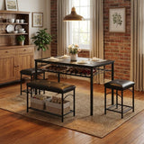 Garvee Dining Table Set for 4 with Upholstered Benches and 2 Stools, Small Kitchen Table Chairs Set, Apartment, Studio, Home, Small Space, Wood Look, Metal Frame - Black